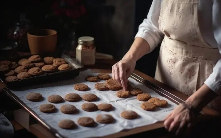 A cozy kitchen scene from the 1930s, with Ruth Graves Wakefield preparing the first batch of Nestle chocolate chip cookies.