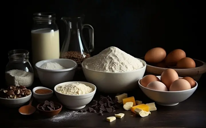 The key ingredients of the Nestle Toll House recipe (flour, sugar, butter, eggs, chocolate chips) laid out on a rustic kitchen table.