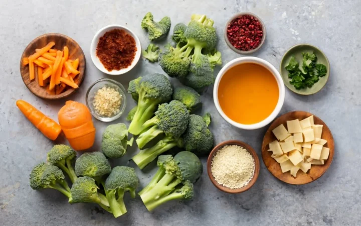 Fresh ingredients for Panera Broccoli Cheddar Soup, including broccoli, cheddar cheese, carrots, and spices, arranged on a kitchen countertop.