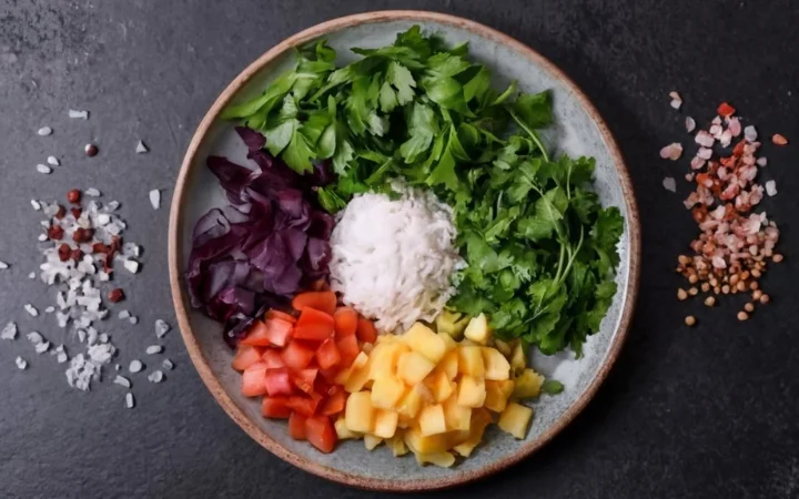 An artistic arrangement of chimichurri rice ingredients, including fresh parsley, garlic, olive oil, and red vinegar.