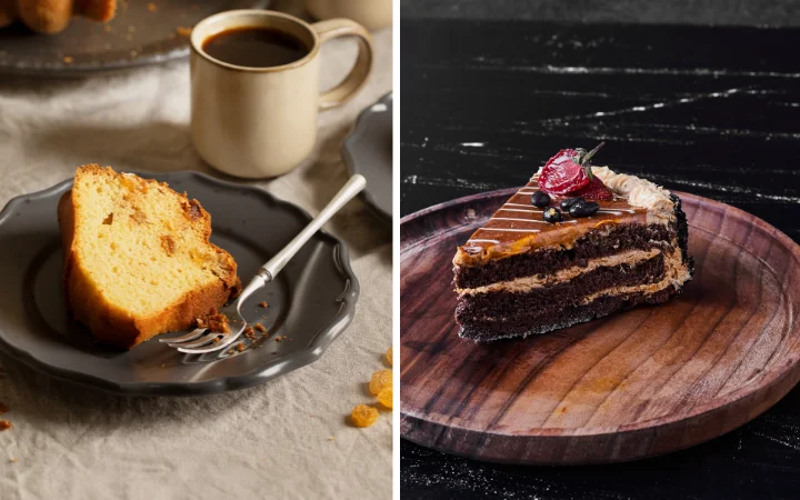 Side-by-side comparison of a slice of coffee cake with streusel topping and a slice of regular cake with frosting, showcasing their differences.