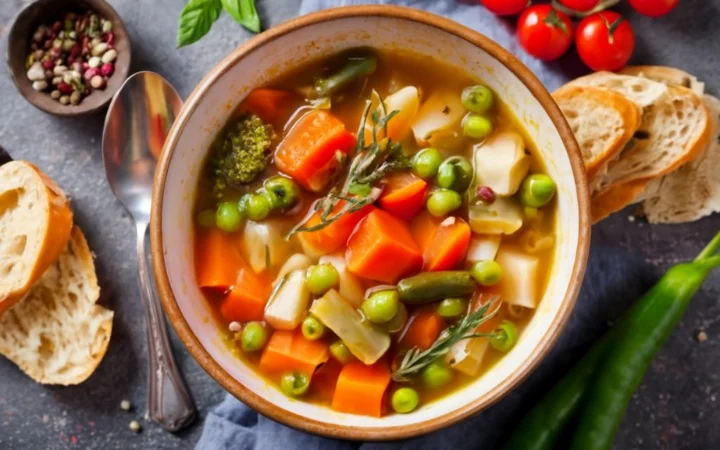 A comforting bowl of classic homemade soup, brimming with a variety of colorful vegetables and a spoon on the side.