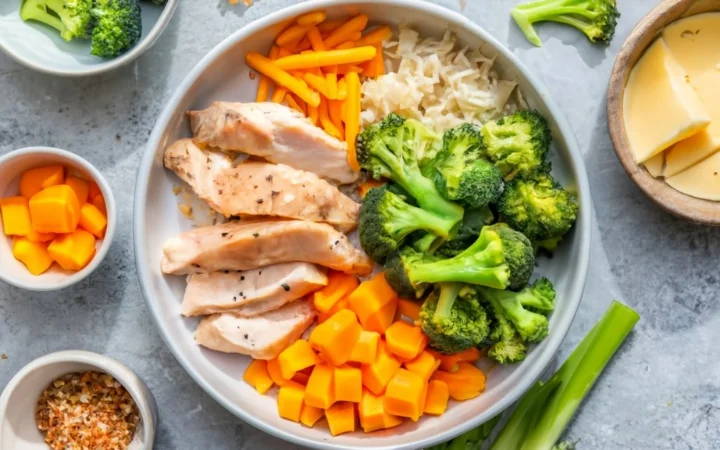 A colorful display of the key ingredients of Chicken Broccoli Cheddar Soup, highlighting their nutritional benefits.