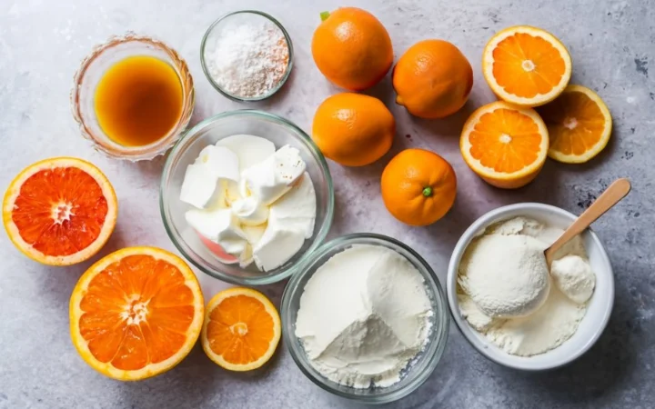 An array of baking ingredients, including fresh citrus fruits, vanilla beans, flour, and sugar, artistically arranged on a kitchen countertop.