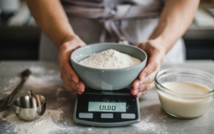 A detailed view of various baking ingredients and tools arranged neatly on a kitchen counter. Flour, measuring cups, and a digital scale are prominently featured, symbolizing the importance of precise measurements in baking to achieve the perfect cake texture