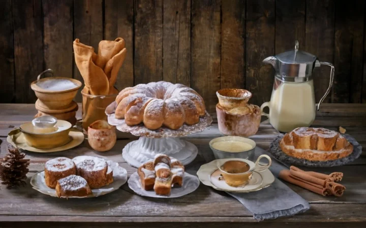  A sumptuous spread of traditional European dessert on a rustic wooden table. The image includes a German streuselkuchen with its buttery crumb topping, a Danish pastry with layers of cinnamon and sugar, and other regional specialties. Each cake is accompanied by traditional serving utensils and fine china, set against a backdrop of a cozy European kitchen.