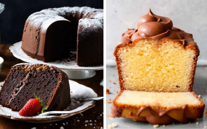 A detailed close-up of a slice of two types of cake, side by side, highlighting the differences in texture and appearance. 