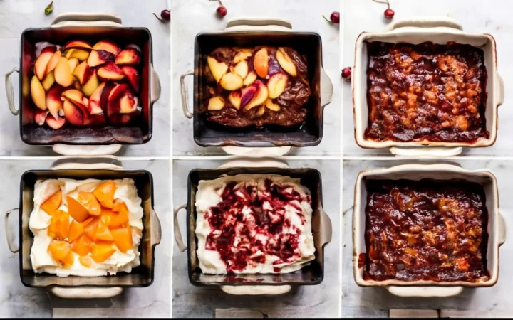 collage of peach desserts, chocolate-cherry , classic cherry, in baking dishes, showcasing versatilityv