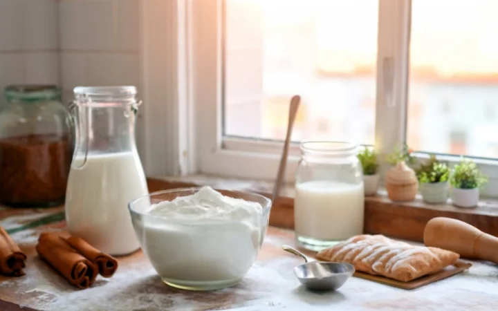  A close-up of the key ingredients for this bagels, including a bowl of thick Greek yogurt, self-rising flour, baking powder, and a pinch of 