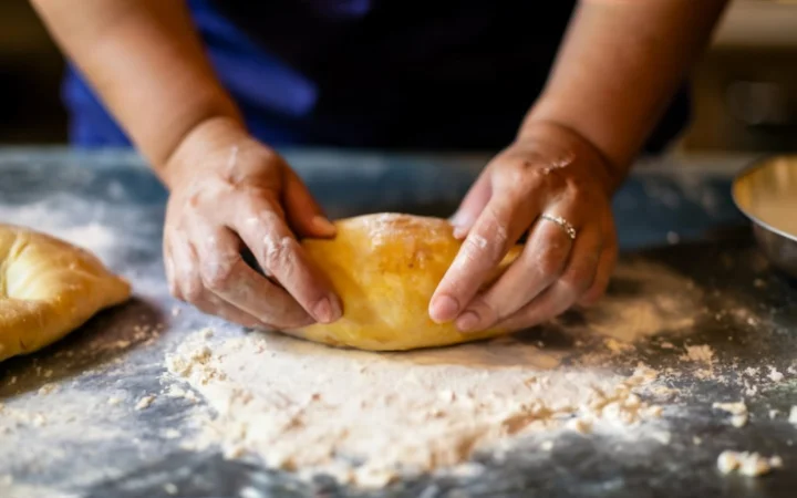 detailed and inviting image, hands-on process of making Paste dough, close-ups of hands kneading, spooning fillings, expertly folding and sealing, preparing for cooking, engaging