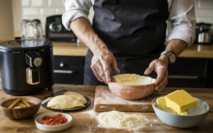 kitchen scene with chef preparing pasta, flour, butter, air fryer on counter, cozy kitchen atmosphere