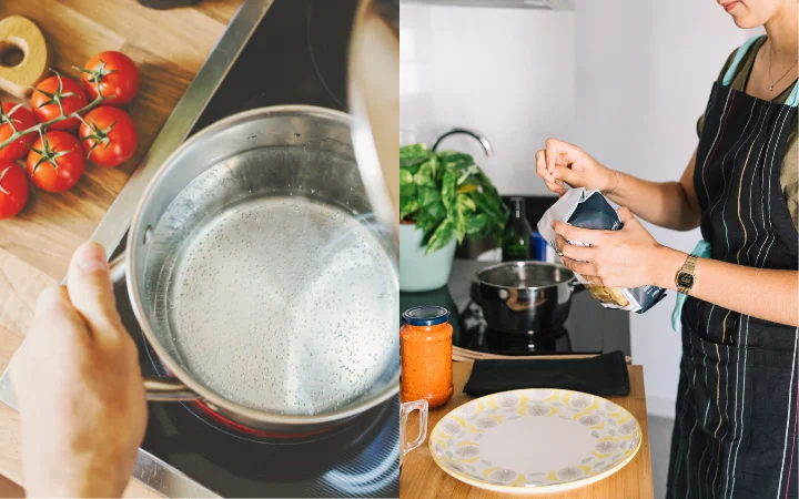 A step-by-step visual guide showing different culinary techniques for preparing gnocchi for soup – including blanching and adding directly to the soup. Each step is illustrated in a clear, educational manner, emphasizing precision in cooking.