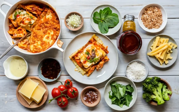 kitchen scene, ingredients , noodles, tomato sauce, cheeses, vegetables, spices