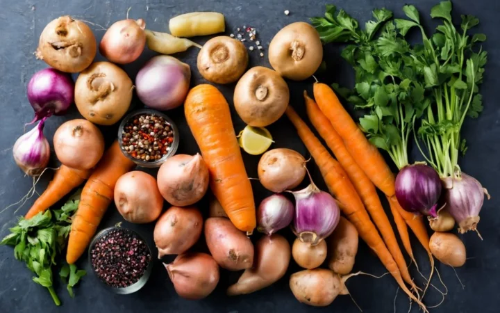  A vibrant display of key soup ingredients like carrots, onions, and potatoes, with annotations highlighting their nutritional benefits.