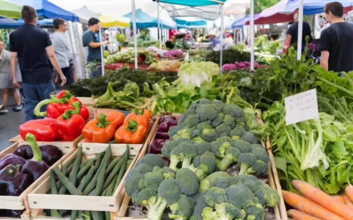 farmer's market scene, stalls with fresh organic produce, variety of vegetables for soup --vibrant, healthy eating