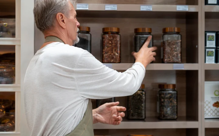  A professional baker in a kitchen setting, thoughtfully selecting from various jars of chocolate chips. The image conveys a sense of expertise and the importance of choosing the right chocolate chips for baking.