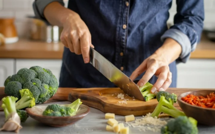 Hands chopping fresh broccoli and grating cheddar cheese, with a large pot and other soup ingredients in the background.