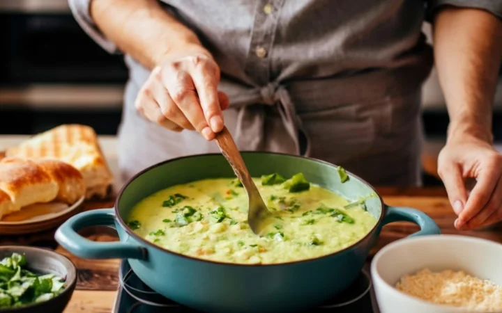 A chef adding a personal touch to a pot of Panera Broccoli Cheddar Soup, with alternative ingredients like vegan cheese and gluten-free flour on the side.