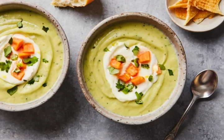 A split image showing Panera's Broccoli Cheddar Soup on one side and a vegetarian alternative on the other.