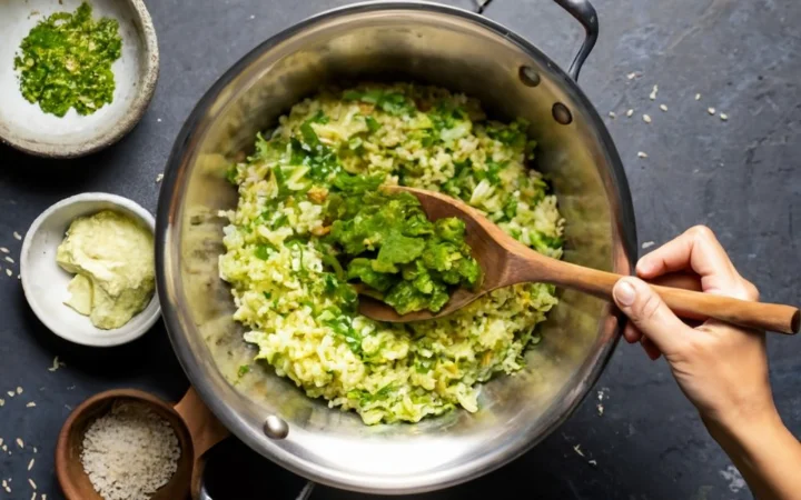 A step-by-step visual guide showing the process of making chimichurri rice, from rinsing the rice to blending the sauce.