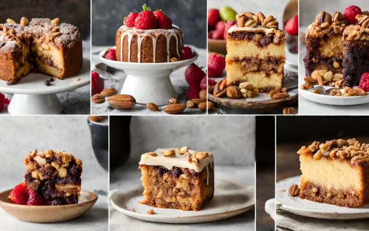 A collage of different coffee cake varieties, including classic, fruit-infused, and nut-topped versions, showcasing diversity.