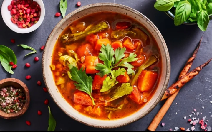 An aromatic and vibrant vegan 10-spice vegetable soup, showcasing a blend of spices and a variety of vegetables.