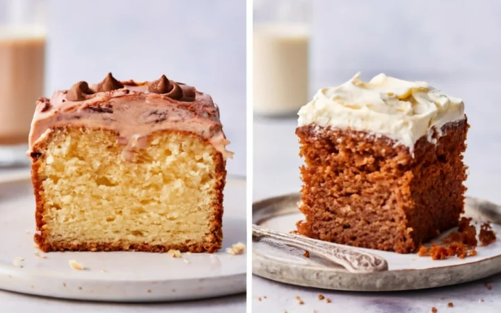 A comparison image showing a slice of dense coffee cake next to a lighter, frosted cake, highlighting the textural differences.