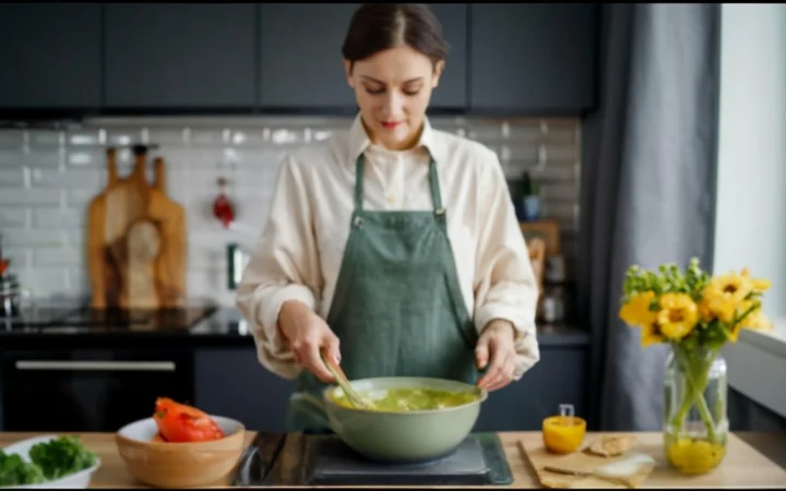 A chef expertly preparing Chicken Broccoli Cheddar Soup in a modern kitchen.