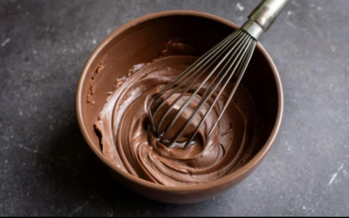 baker mixing ingredients for chocolate ganache cake, preparing batter, focus on process, kitchen setting, culinary photography 