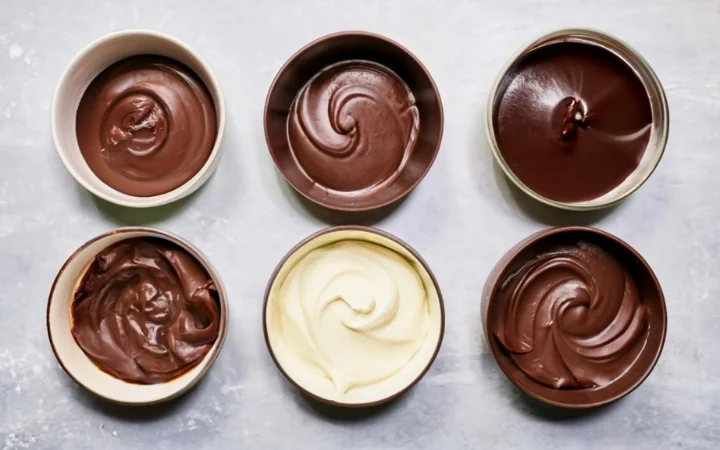 Different types of chocolate(milk, dark, white) presented in separate bowls, highlighting their unique colors and consistencies.