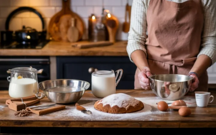 A detailed scene of a baker's kitchen wherea dessert prepared. The table is laden with key ingredients like flour, eggs, sour cream, and cinnamon. 