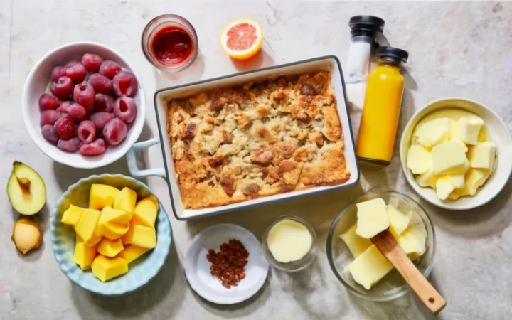 A cozy kitchen scene with a variety of ingredients, canned fruit, and butter laid out on a countertop. A baking dish is at the center, 