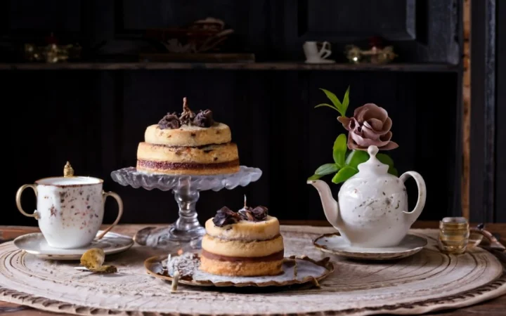 elegant British tea room setting with British coffee cake, layers and coffee-flavored icing, sophisticated atmosphere