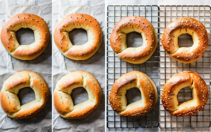 A step-by-step collage of making homemade bread, showing the mixing of ingredients, kneading the dough, shaping into bagels, and the final golden-brown baked bagels on a cooling rack