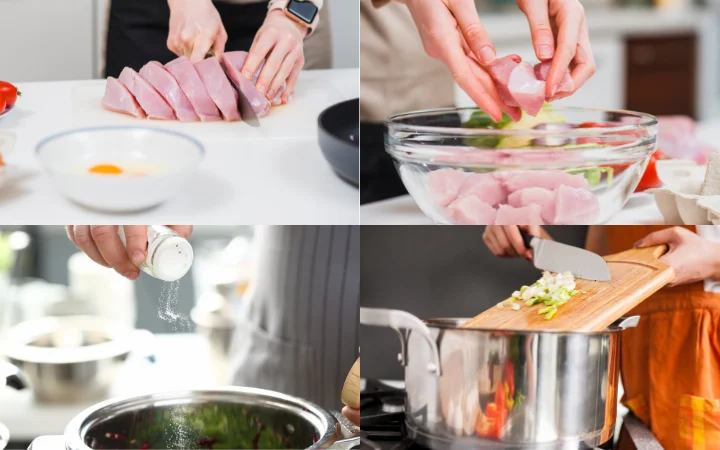  step-by-step visual guide in a home kitchen, showing various cooking techniques for making the best Chicken Gnocchi Soup – from preparing chicken to perfecting gnocchi texture.