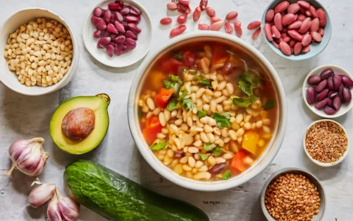 A creative kitchen setup showing ingredients like nut butters, white beans, and grains, ready to be added to a pot of vegetable soup.