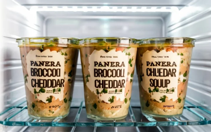 containers of Panera Broccoli Cheddar Soup in refrigerator, labeled with storage dates, food preservation