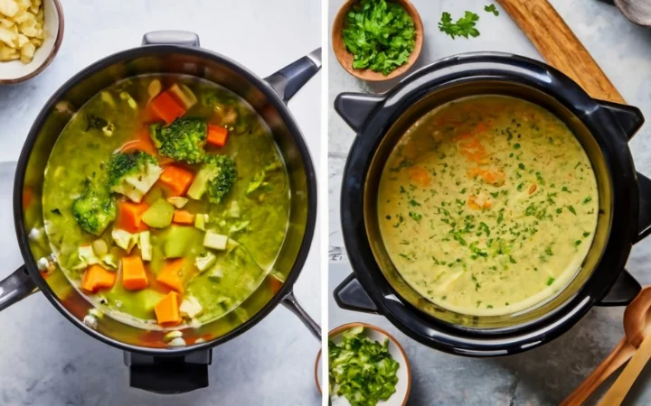 A split image showing Broccoli Cheddar Soup being cooked on a stovetop and in a slow cooker, highlighting different cooking methods.