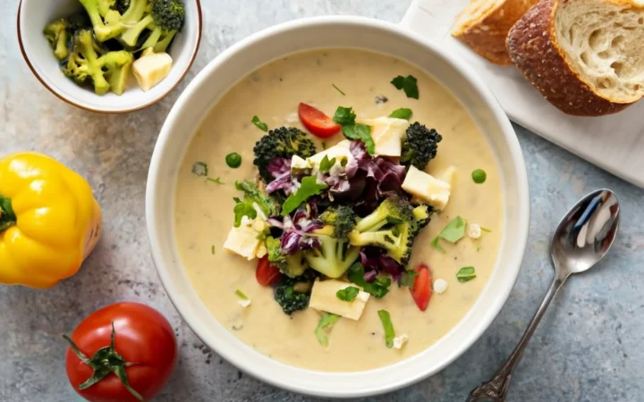 small portion Panera Broccoli Cheddar Soup with side salad and fresh fruit, healthy eating 