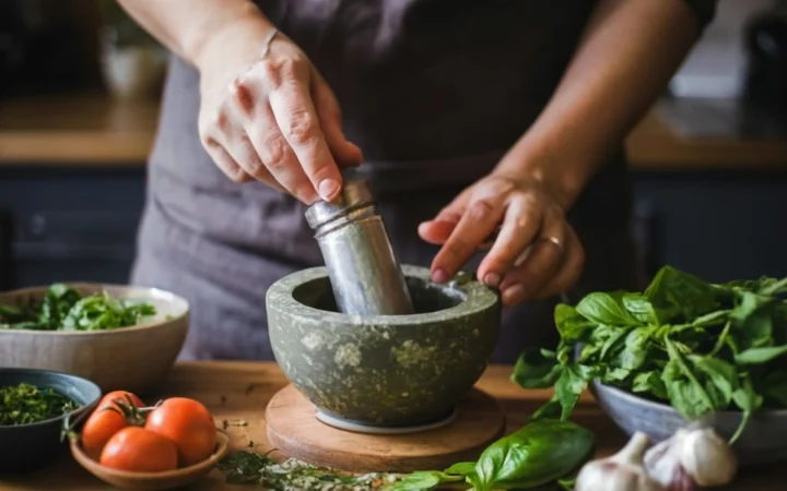 A person's hands creatively mixing a custom chimichurri blend in a mortar and pestle, with ingredients spread around.