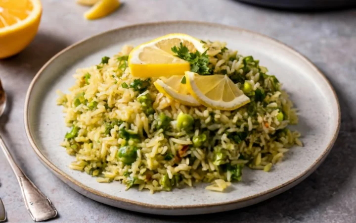  An elegantly plated serving of chimichurri rice, garnished with parsley and a lemon wedge, ready to be enjoyed.