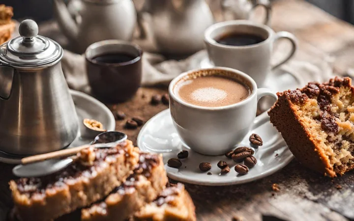 A cozy setting with a slice of coffee cake paired with a steaming cup of coffee and a pot of tea, showcasing ideal beverage pairings.