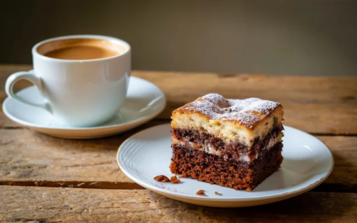 A cozy setting with a slice of cake paired with various beverages like coffee, tea, and a latte, arranged on a rustic wooden table.