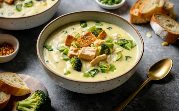 Different serving presentations of Chicken Broccoli Cheddar Soup, including vegetarian and vegan options.