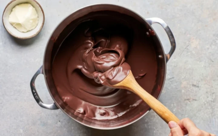 Sequential images showing the steps of melting chocolate, from chopping chocolate to stirring with cream.