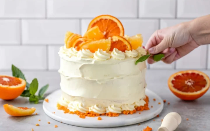 A professional baker meticulously decorating a dessert , highlighting advanced baking techniques and the dessert's eye-catching appearance.