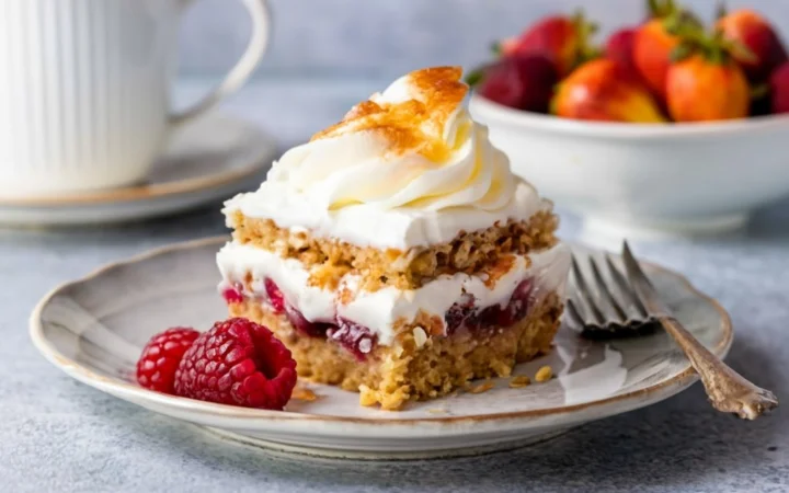 An elegantly served slice of dessert on a fine porcelain plate, garnished with whipped cream and fresh fruit. In the background, a full dump cake with a beautifully caramelized top.