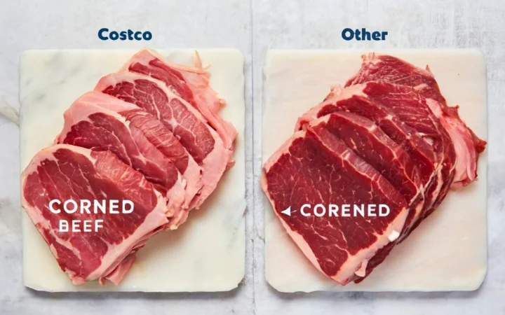 A comparison setup showing Costco corned beef next to other brand corned beef packages, highlighting differences.