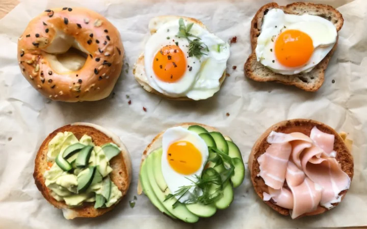 A beautifully set breakfast table with bread served various ways: topped with cream cheese and smoked salmon, almond butter and honey, and as a base for avocado toast with a poached egg.