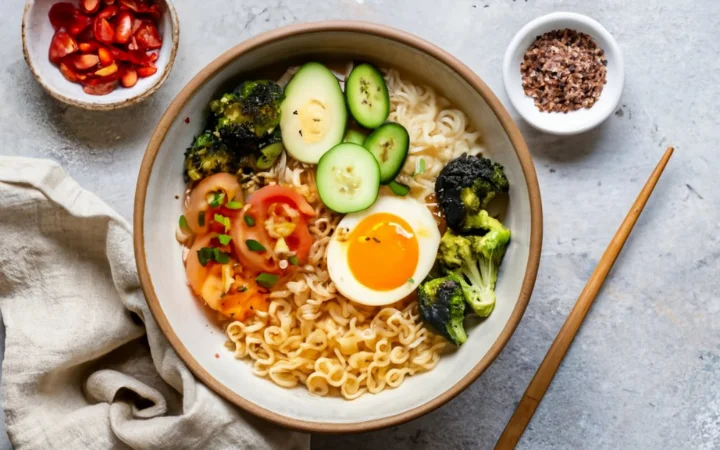 Healthy bowl of ramen with vegetables, lean protein, nutritional chart, key nutrients --balanced, informative, health-focused